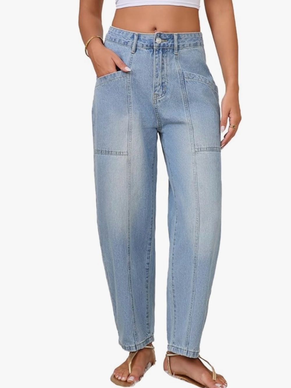 Women’s Barrel Jeans High Rise Wide Leg Tapered Baggy Boyfriend with Pockets